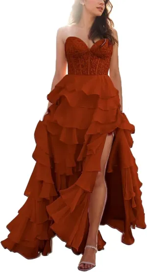 Tiered Laces Prom Dresses for Teens 2025 Long Ruffle Strapless Chiffon Formal Evening Gowns with Slit