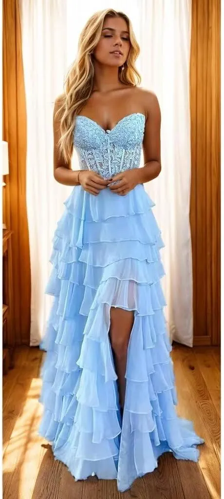 Tiered Laces Prom Dresses for Teens 2025 Long Ruffle Strapless Chiffon Formal Evening Gowns with Slit