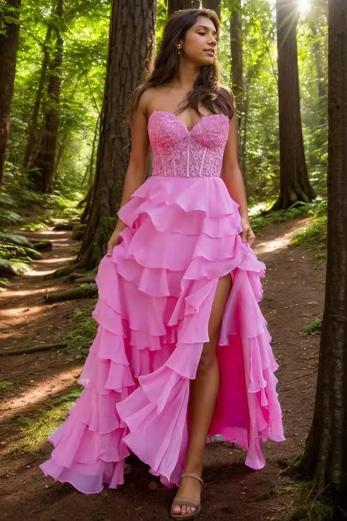 Tiered Laces Prom Dresses for Teens 2025 Long Ruffle Strapless Chiffon Formal Evening Gowns with Slit