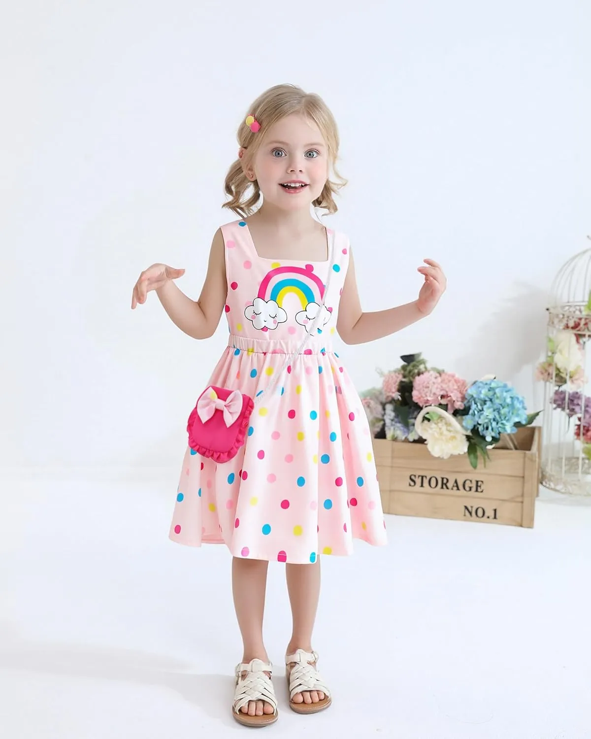 Toddler Girls Spring Dress Little Girl Rainbow Summer Dresses for Girls Sleeveless Sundress with Bag Outfits