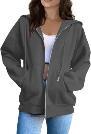 Tops for Women Zip Up Hooded Sweatshirt Ladies Solid Color Long Sleeve Casual Loose Lightweight Jacket with Pockets