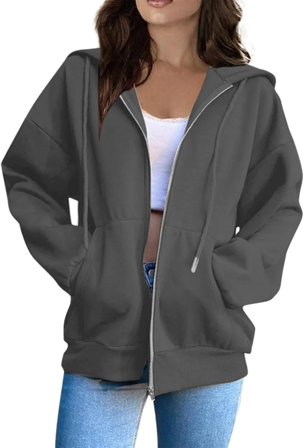 Tops for Women Zip Up Hooded Sweatshirt Ladies Solid Color Long Sleeve Casual Loose Lightweight Jacket with Pockets