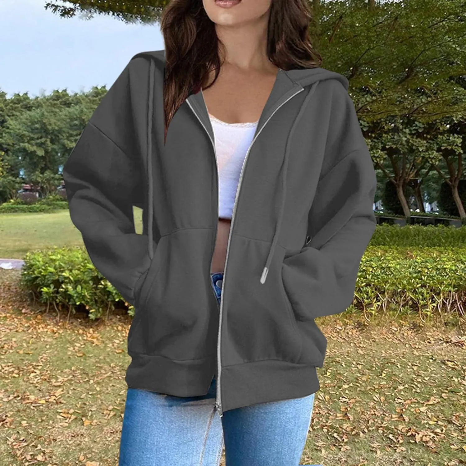 Tops for Women Zip Up Hooded Sweatshirt Ladies Solid Color Long Sleeve Casual Loose Lightweight Jacket with Pockets