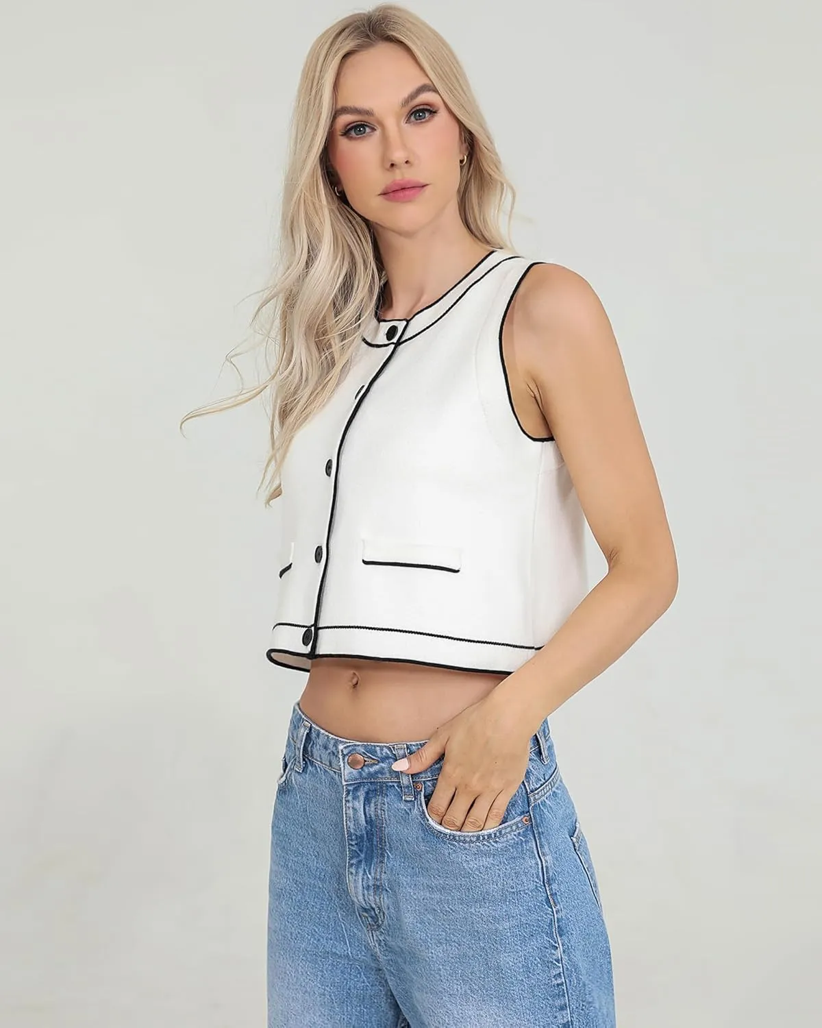 Totatuit Vest Tops for Women Cropped Sweater 2024 Fall Button Up Work Tank Top Outfits Y2K Clothes
