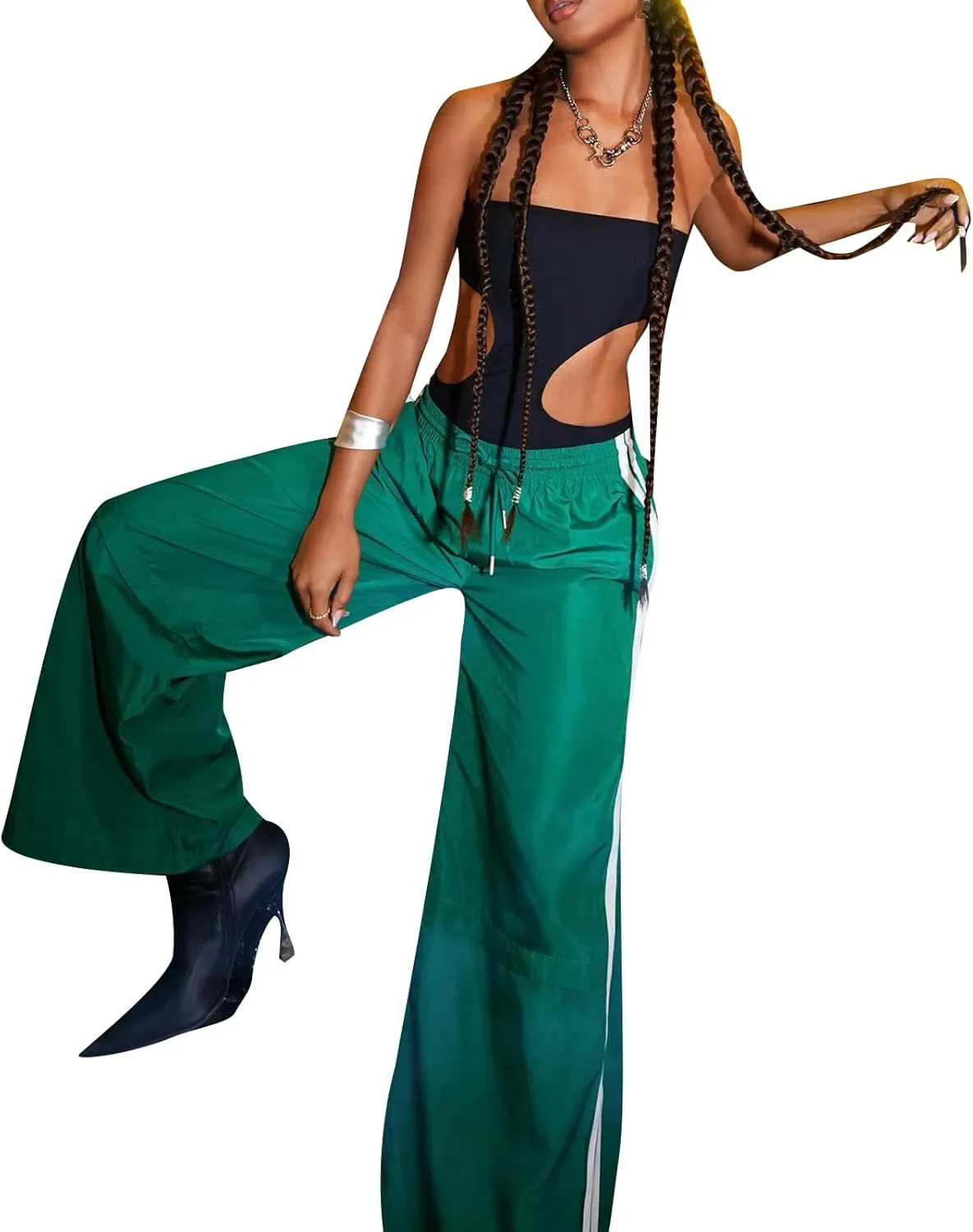Track Pants Women Baggy Pants Drawstring Waist Striped Wide Leg Cargo Trousers Loose Parachute Y2k Sweatpants