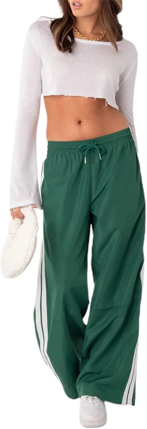 Track Pants Women Baggy Pants Drawstring Waist Striped Wide Leg Cargo Trousers Loose Parachute Y2k Sweatpants