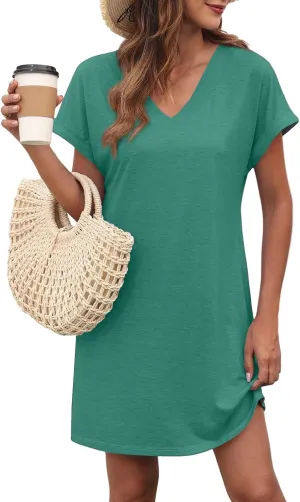 Tshirt Dress Women V Neck Short Sleeve Shift Mini Dresses Summer Loose Fit Dressy Casual Beach Vacation Short Dress