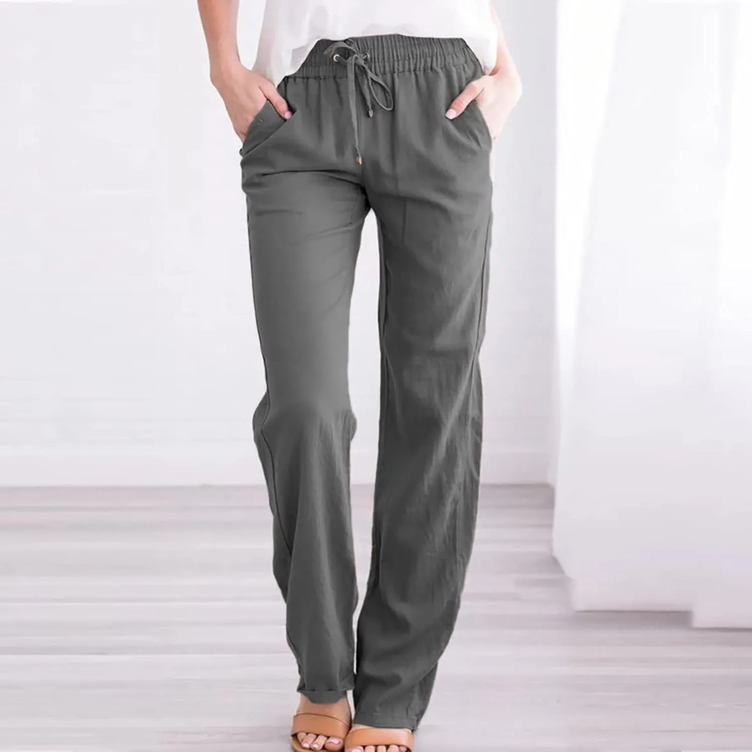 tuduoms Linen Bootcut Lounge Pants for Summer Business Casual Comfy Loose Work Trousers Women High Waist Wide Leg Yoga Pants