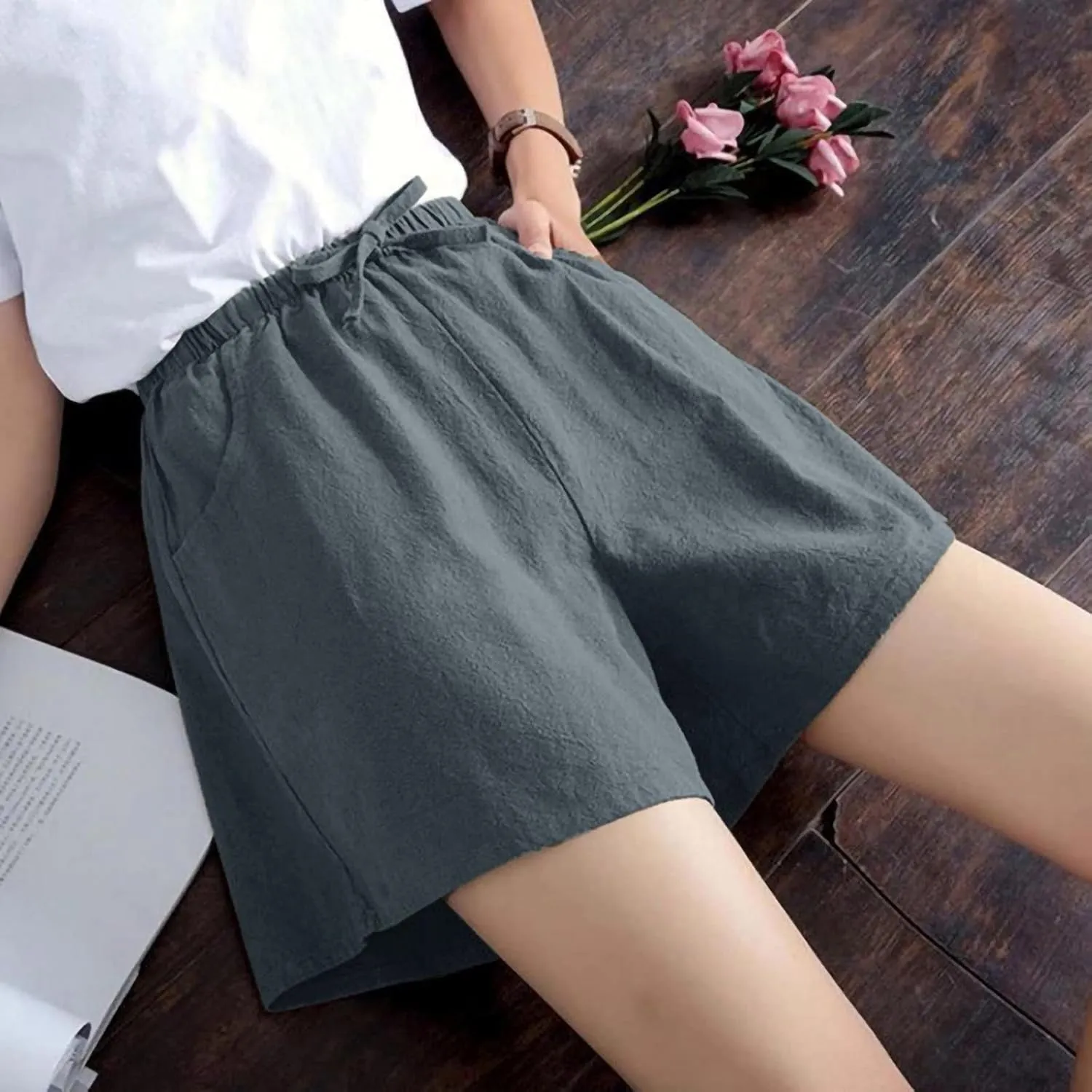 tuduoms Linen Bootcut Lounge Pants for Summer Business Casual Comfy Loose Work Trousers Women High Waist Wide Leg Yoga Pants