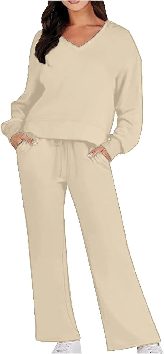 Two Piece Outfits For Women Sweatsuit Long Sleeve Sweatshirt And Wide Leg Sweatpant Lounge Set Matching Tracksuit