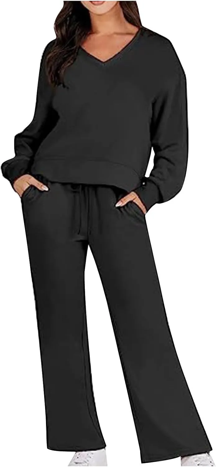 Two Piece Outfits For Women Sweatsuit Long Sleeve Sweatshirt And Wide Leg Sweatpant Lounge Set Matching Tracksuit