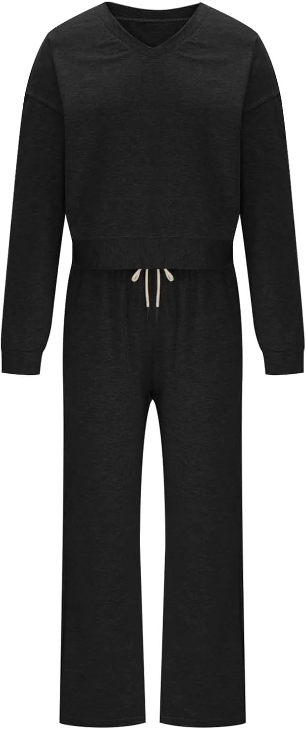 Two Piece Outfits For Women Sweatsuit Long Sleeve Sweatshirt And Wide Leg Sweatpant Lounge Set Matching Tracksuit