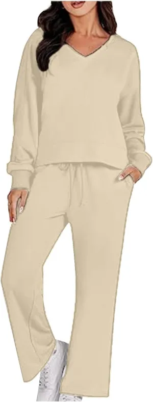 Two Piece Outfits For Women Sweatsuit Long Sleeve Sweatshirt And Wide Leg Sweatpant Lounge Set Matching Tracksuit