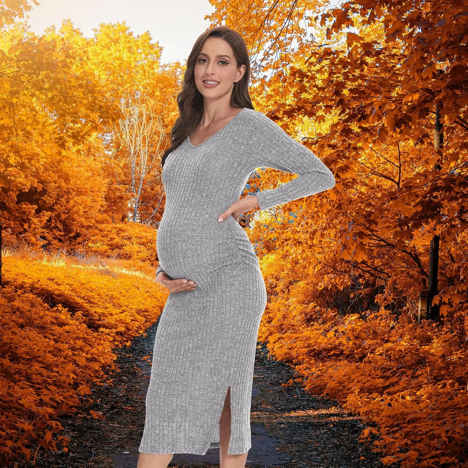 V Neck Side Ruch Knit Ribbed Maternity Bodycon DressMaternity Dress for Baby Shower