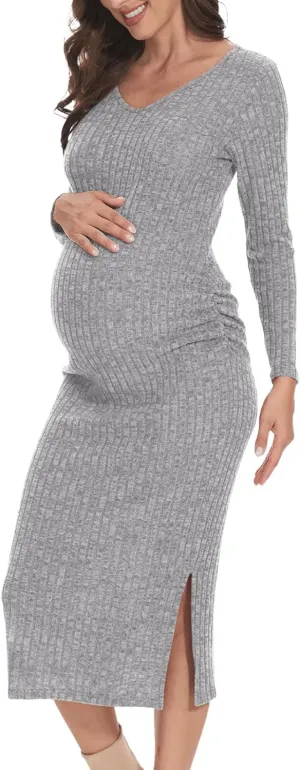 V Neck Side Ruch Knit Ribbed Maternity Bodycon DressMaternity Dress for Baby Shower