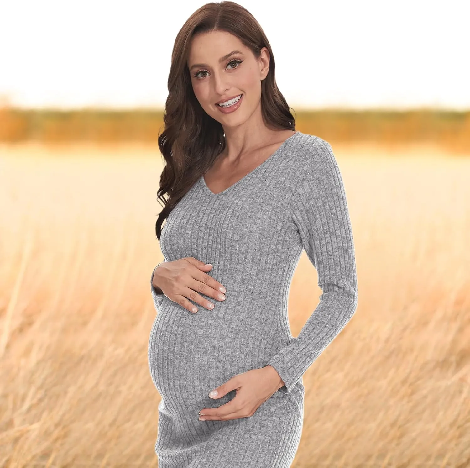 V Neck Side Ruch Knit Ribbed Maternity Bodycon DressMaternity Dress for Baby Shower