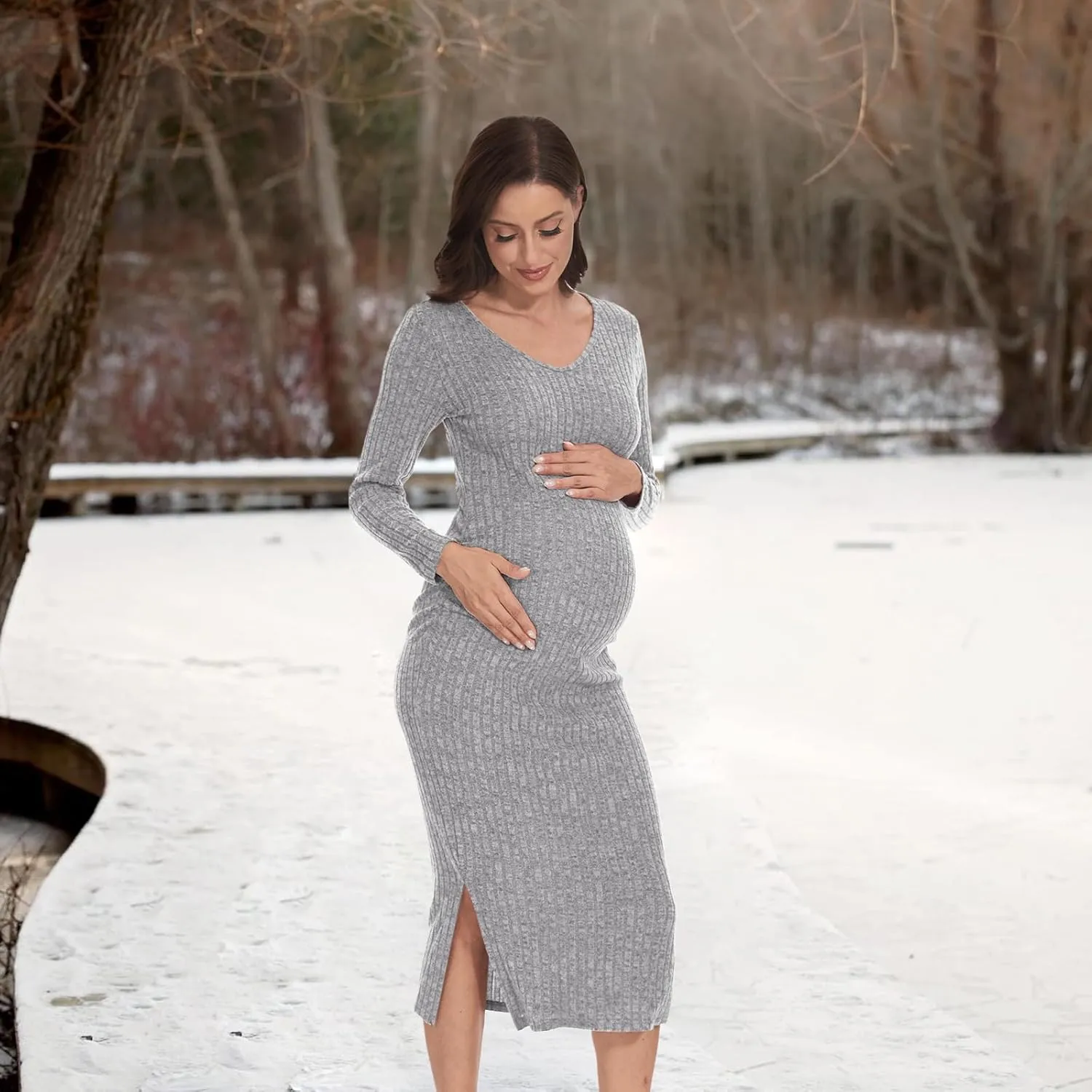 V Neck Side Ruch Knit Ribbed Maternity Bodycon DressMaternity Dress for Baby Shower