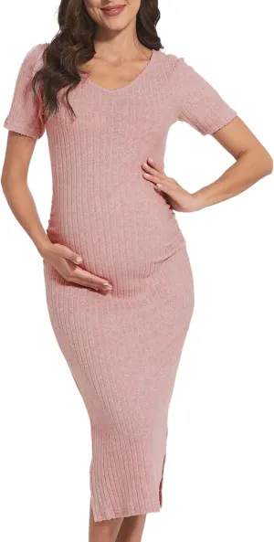 V Neck Side Ruch Knit Ribbed Maternity Bodycon DressMaternity Dress for Baby Shower
