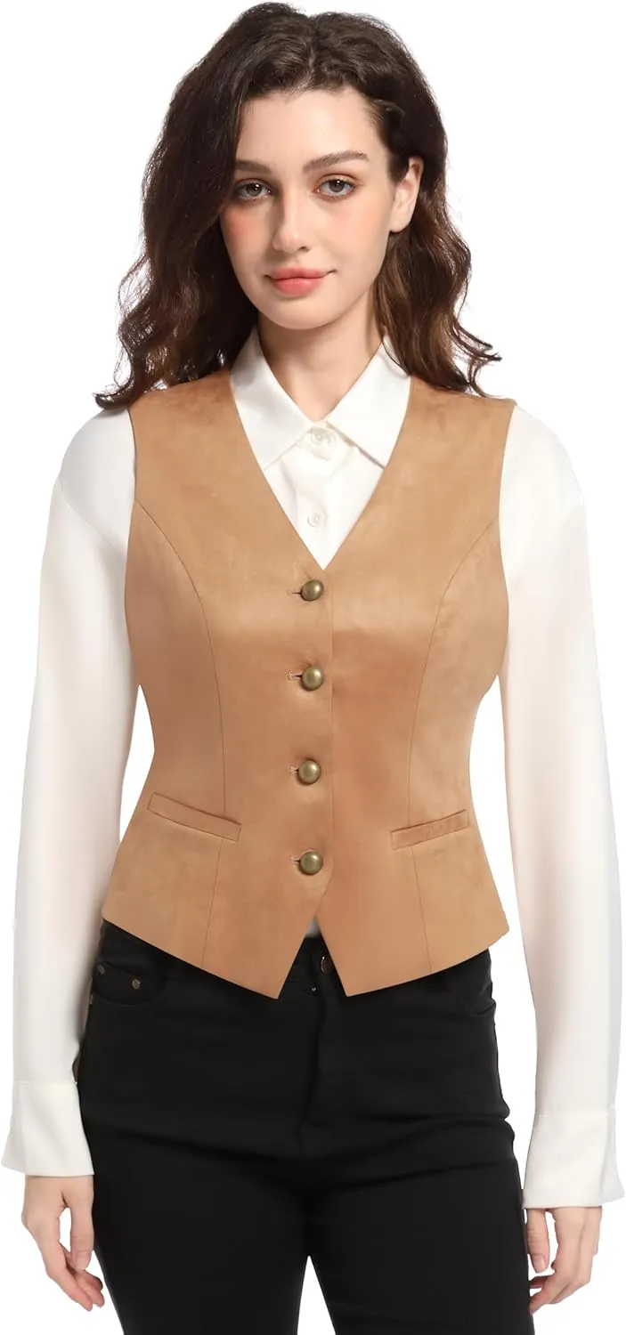 V VOCNI Women's Faux Suede Leather Suit Vest V Neck Cowgirl Vintage Western Vest Slim Fit Dress Casual Waistcoat