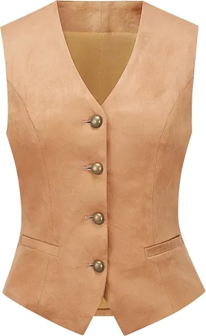 V VOCNI Women's Faux Suede Leather Suit Vest V Neck Cowgirl Vintage Western Vest Slim Fit Dress Casual Waistcoat