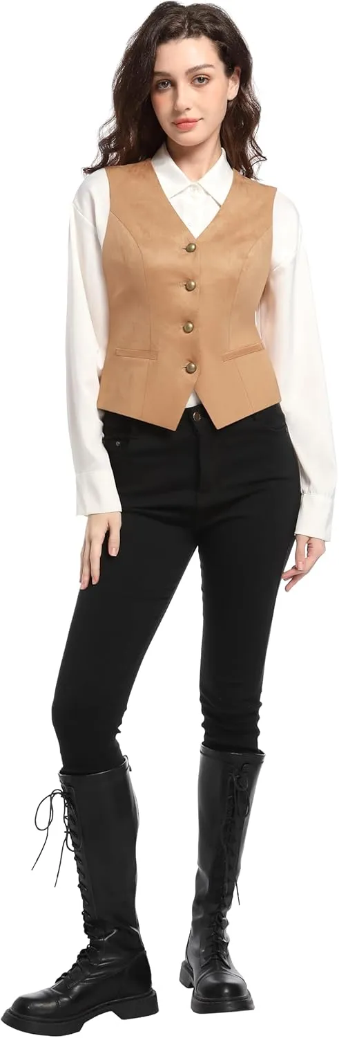 V VOCNI Women's Faux Suede Leather Suit Vest V Neck Cowgirl Vintage Western Vest Slim Fit Dress Casual Waistcoat