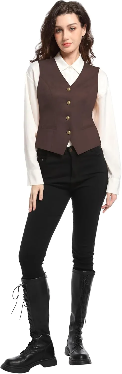 V VOCNI Women's Faux Suede Leather Suit Vest V Neck Cowgirl Vintage Western Vest Slim Fit Dress Casual Waistcoat