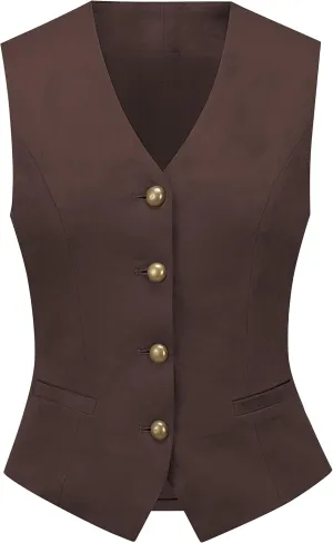V VOCNI Women's Faux Suede Leather Suit Vest V Neck Cowgirl Vintage Western Vest Slim Fit Dress Casual Waistcoat