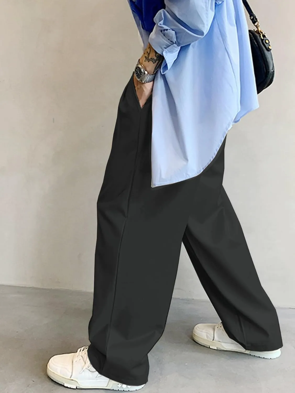 Verdusa Men's Casual Loose Wide Leg Pants Lightweight Trousers with Slant Pockets