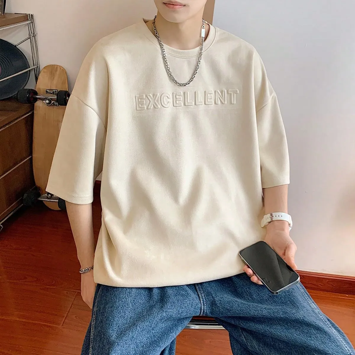 Verdusa Men's Letter Embossed Drop Shoulder T Shirt Half Sleeve Oversized Tee Top