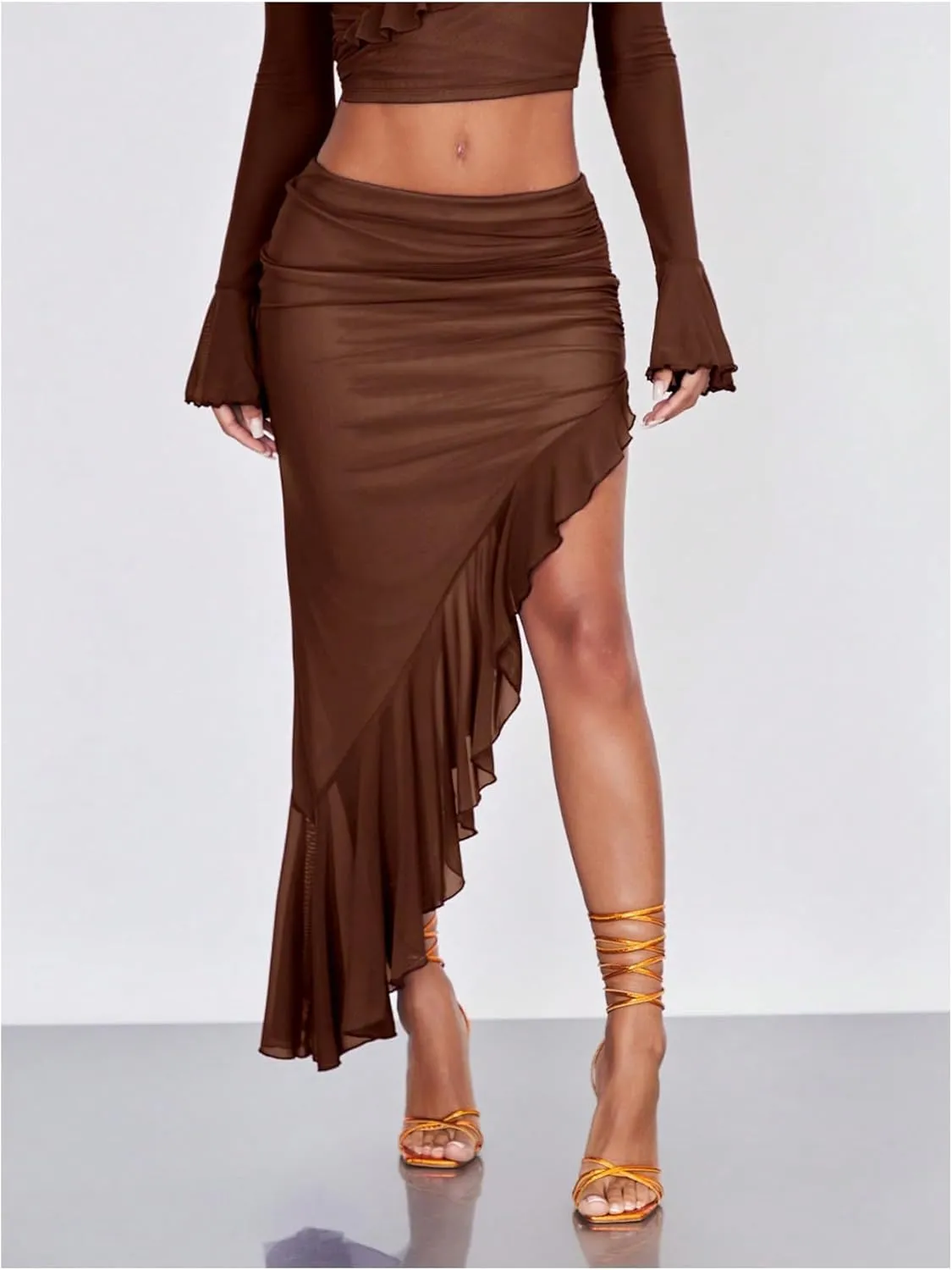 Verdusa Women's Asymmetrical High Slit Mesh Long Skirts Ruffle Hem Ruched Flowy Bodycon Skirt