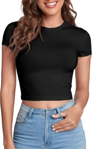Verdusa Women's Casual Basic Cap Sleeve Slim Fitted Round Neck Crop Tee Top