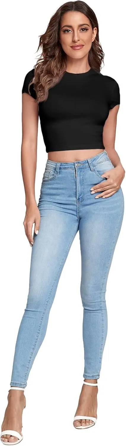 Verdusa Women's Casual Basic Cap Sleeve Slim Fitted Round Neck Crop Tee Top