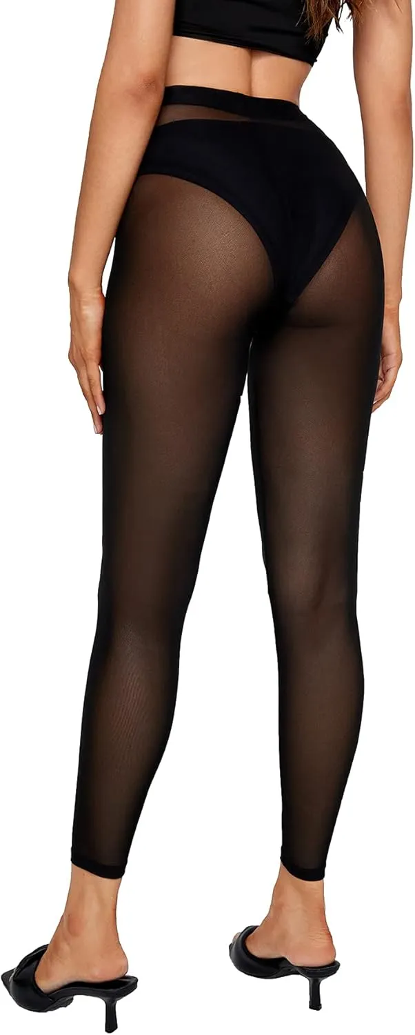 Verdusa Women's Elastic Waist Geo Print Sheer Mesh Skinny Cropped Leggings