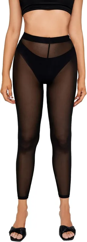 Verdusa Women's Elastic Waist Geo Print Sheer Mesh Skinny Cropped Leggings