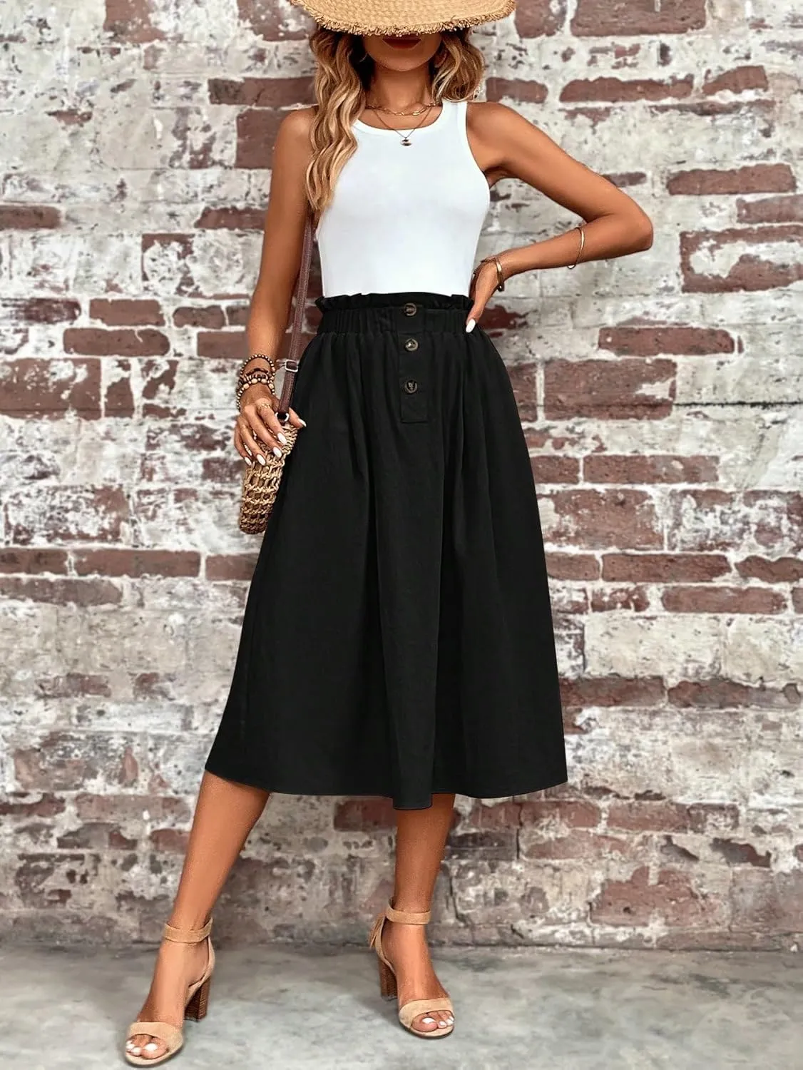 Verdusa Women's Elastic Waist Pocket Side A Line Midi Swing Flared Skirt