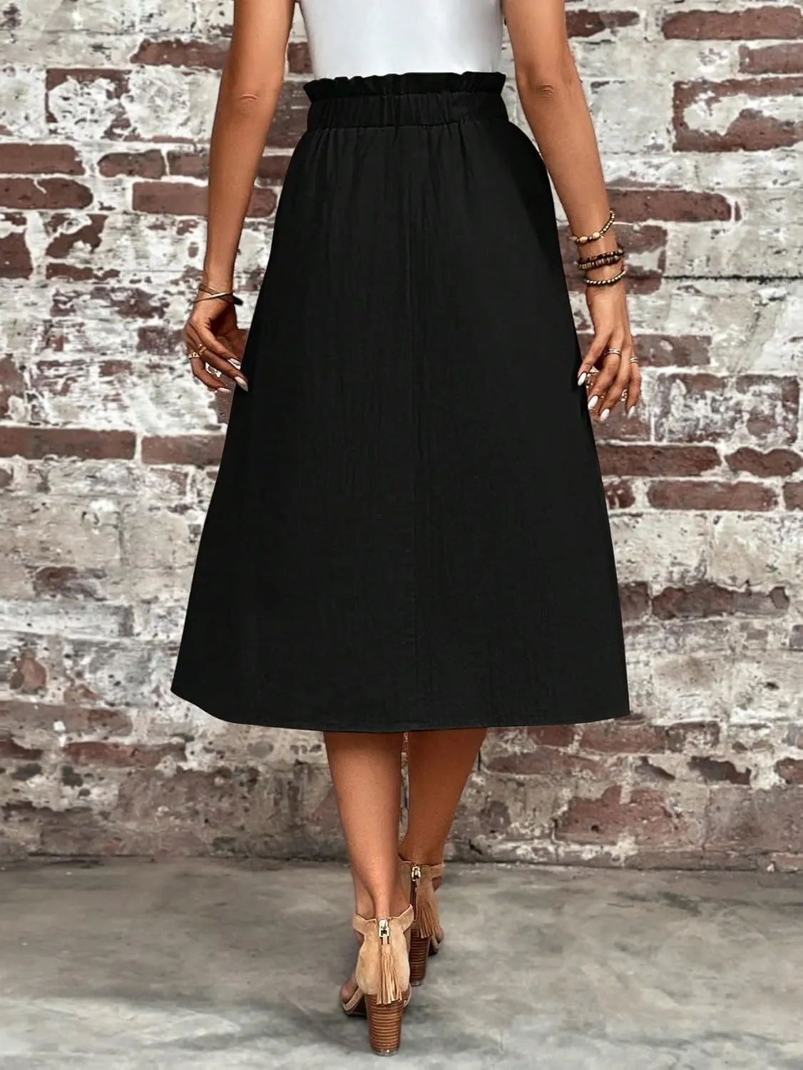 Verdusa Women's Elastic Waist Pocket Side A Line Midi Swing Flared Skirt