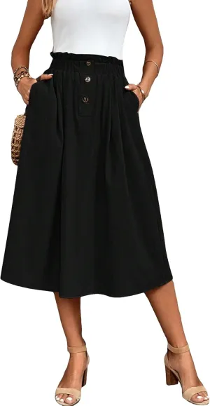 Verdusa Women's Elastic Waist Pocket Side A Line Midi Swing Flared Skirt