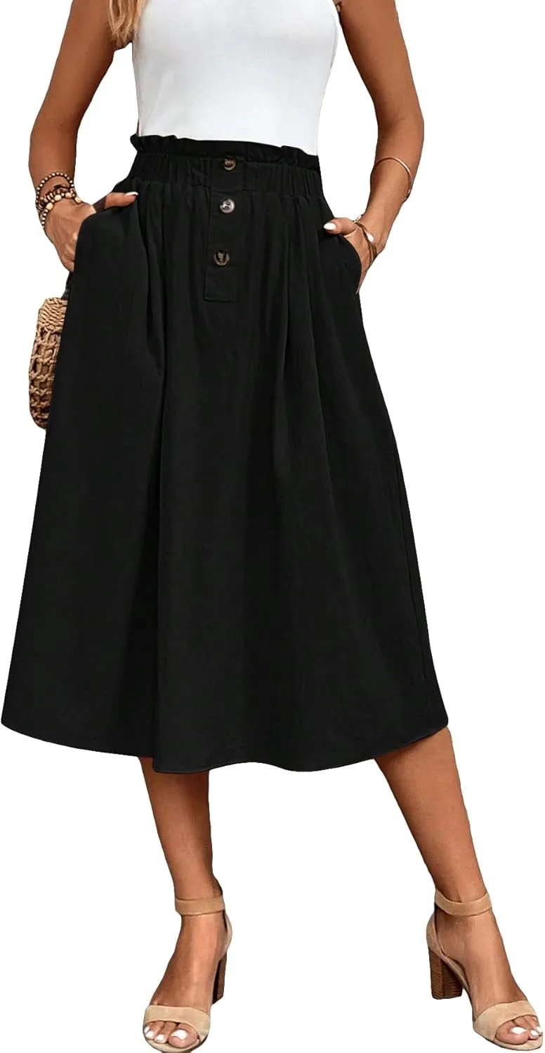 Verdusa Women's Elastic Waist Pocket Side A Line Midi Swing Flared Skirt