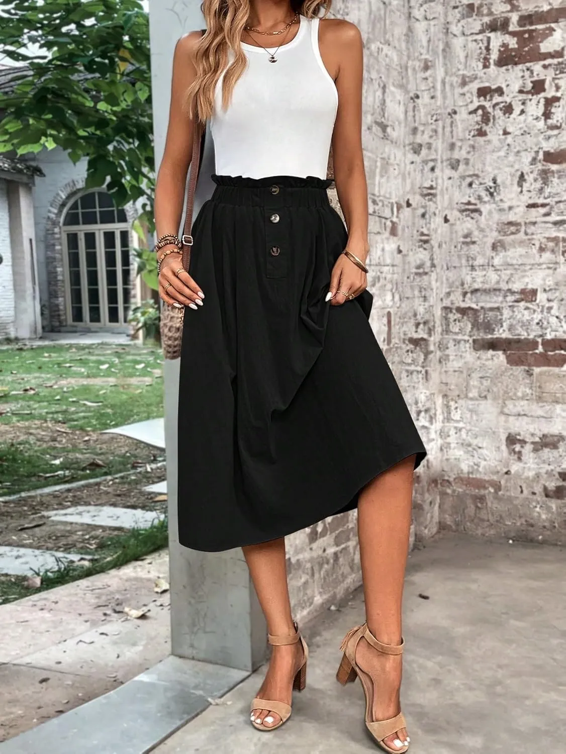 Verdusa Women's Elastic Waist Pocket Side A Line Midi Swing Flared Skirt