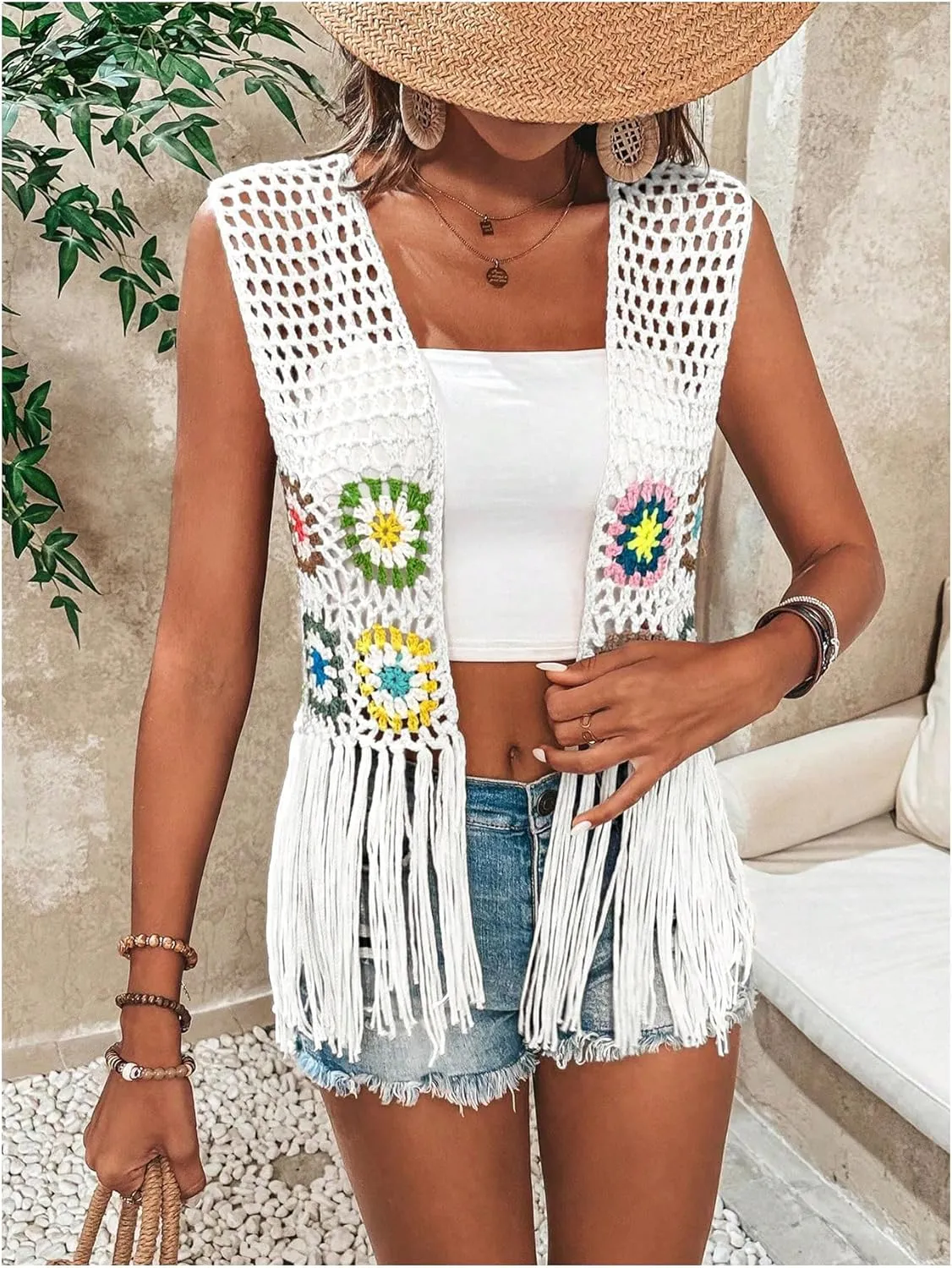 Verdusa Women's Floral Crochet Hollow Out Sleeveless Fringe Cardigan Vest