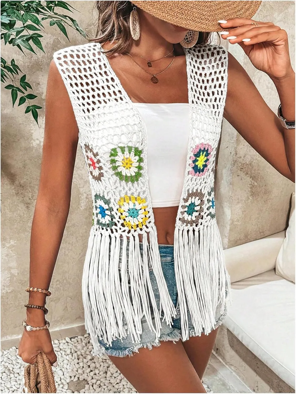 Verdusa Women's Floral Crochet Hollow Out Sleeveless Fringe Cardigan Vest