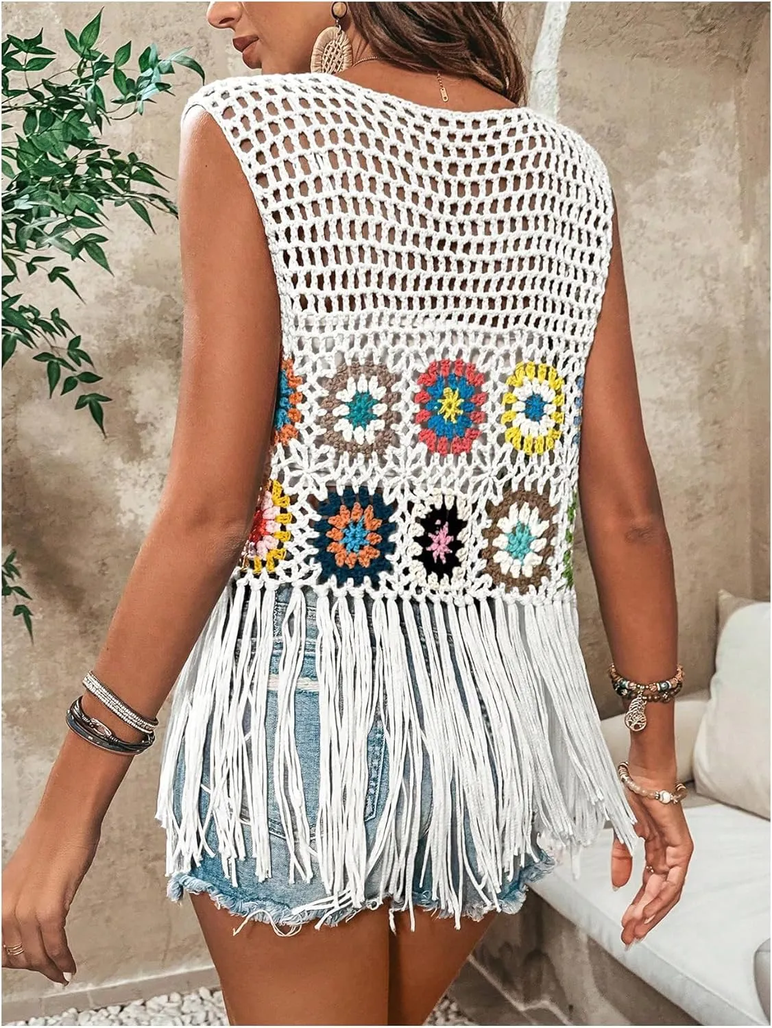 Verdusa Women's Floral Crochet Hollow Out Sleeveless Fringe Cardigan Vest