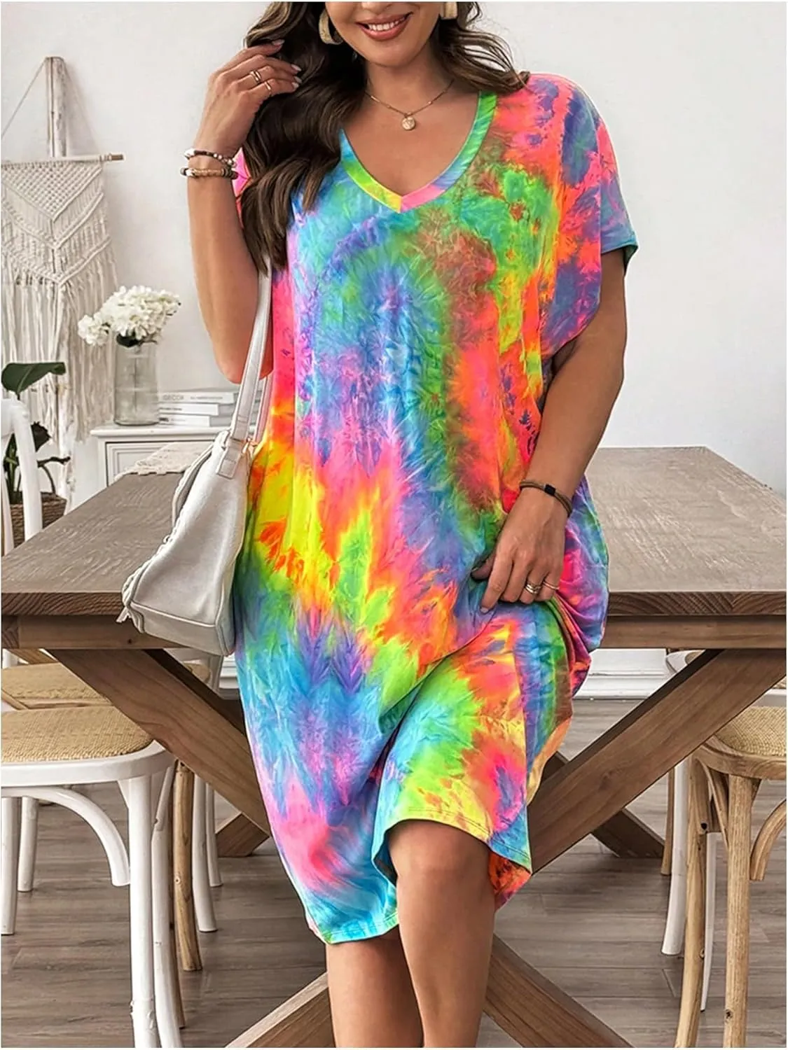 Verdusa Women's Plus Size Tie Dye T Shirt Dress Short Sleeve Boho Midi Dresses
