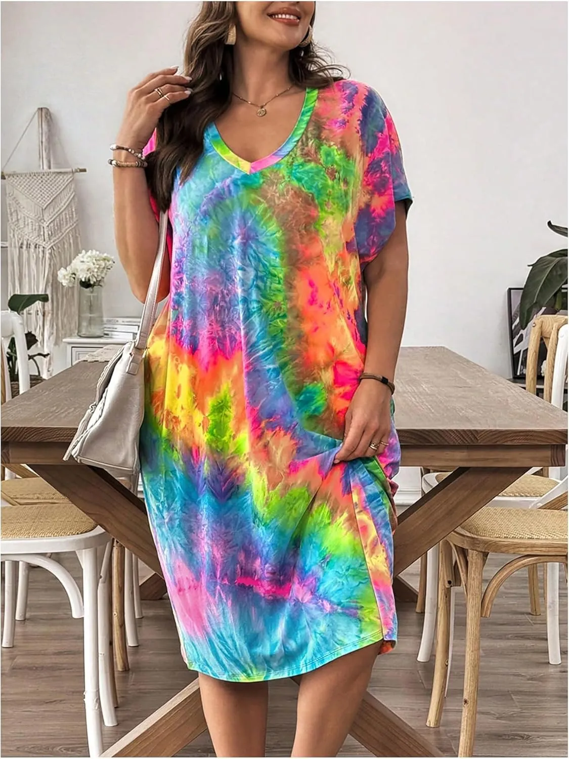 Verdusa Women's Plus Size Tie Dye T Shirt Dress Short Sleeve Boho Midi Dresses