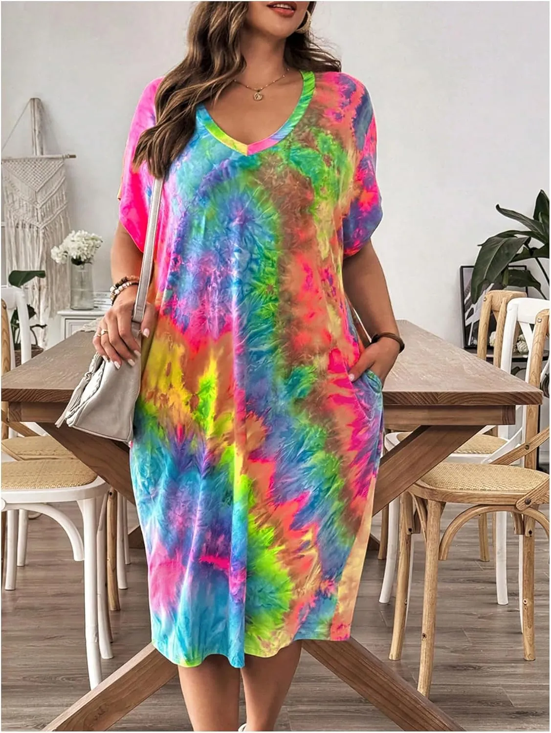 Verdusa Women's Plus Size Tie Dye T Shirt Dress Short Sleeve Boho Midi Dresses