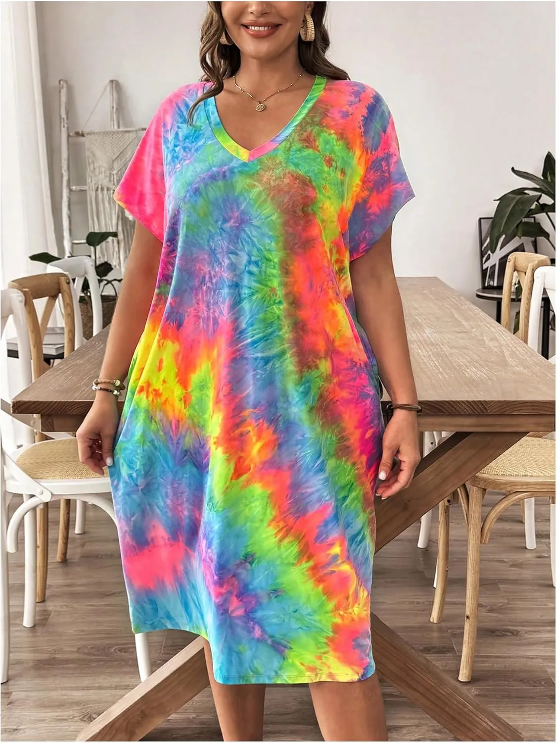Verdusa Women's Plus Size Tie Dye T Shirt Dress Short Sleeve Boho Midi Dresses