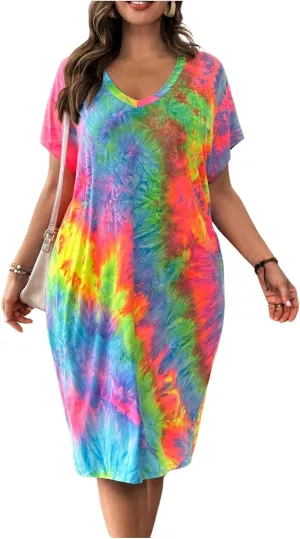 Verdusa Women's Plus Size Tie Dye T Shirt Dress Short Sleeve Boho Midi Dresses
