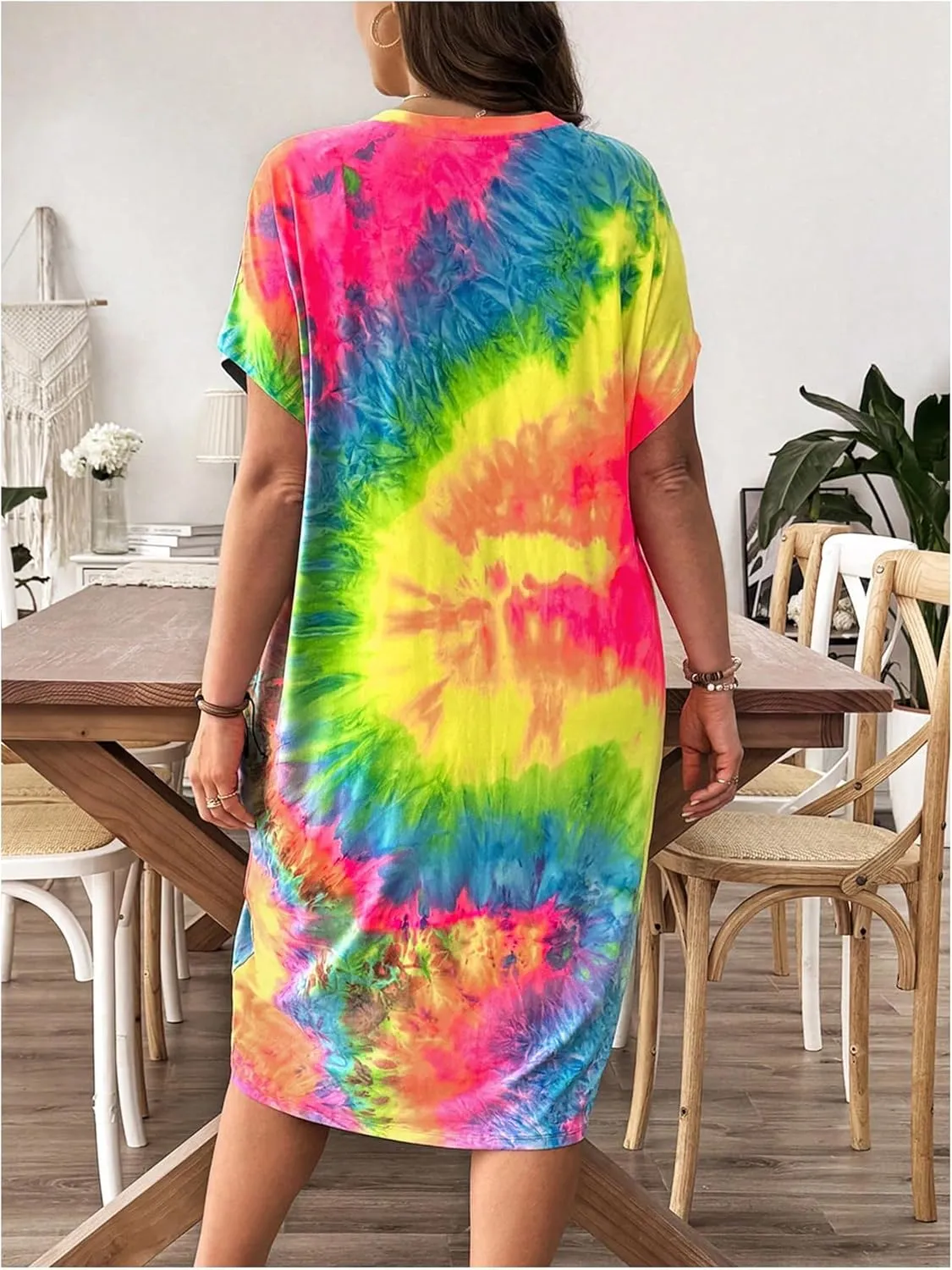 Verdusa Women's Plus Size Tie Dye T Shirt Dress Short Sleeve Boho Midi Dresses