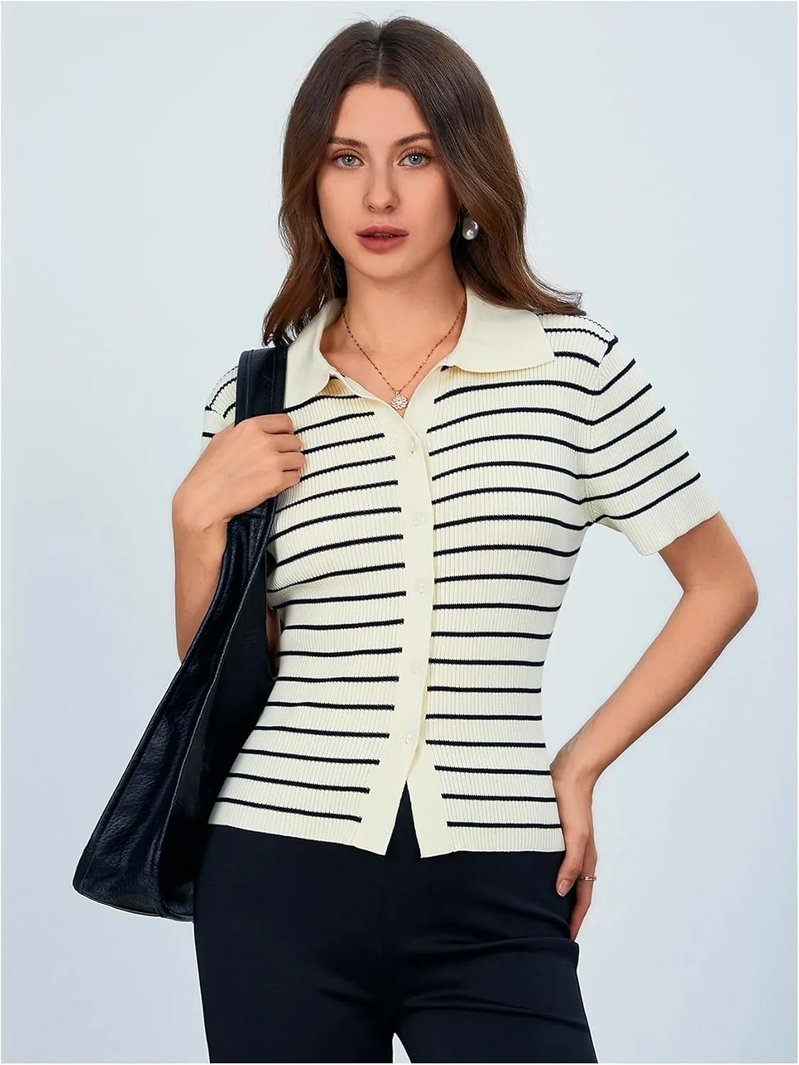 Verdusa Women's Striped Ribbed Knit Button Down Sweater Top Collar Short Sleeve Tee