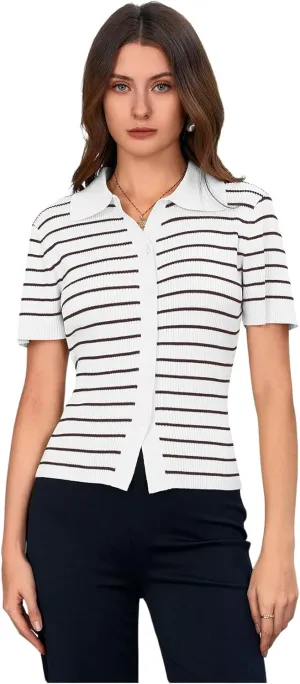 Verdusa Women's Striped Ribbed Knit Button Down Sweater Top Collar Short Sleeve Tee